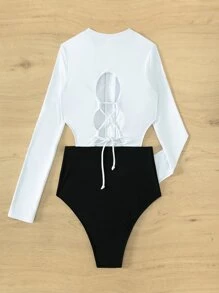 Swim SPRTY Two Tone Cut Out Waist Zip Front One Piece Swimsuit,Summer Beach - Black and White - View 7