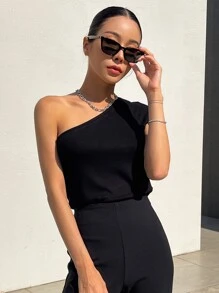 DAZY 单肩罗纹针织T恤 外出上衣 女款 - 黑色 - 查看 4