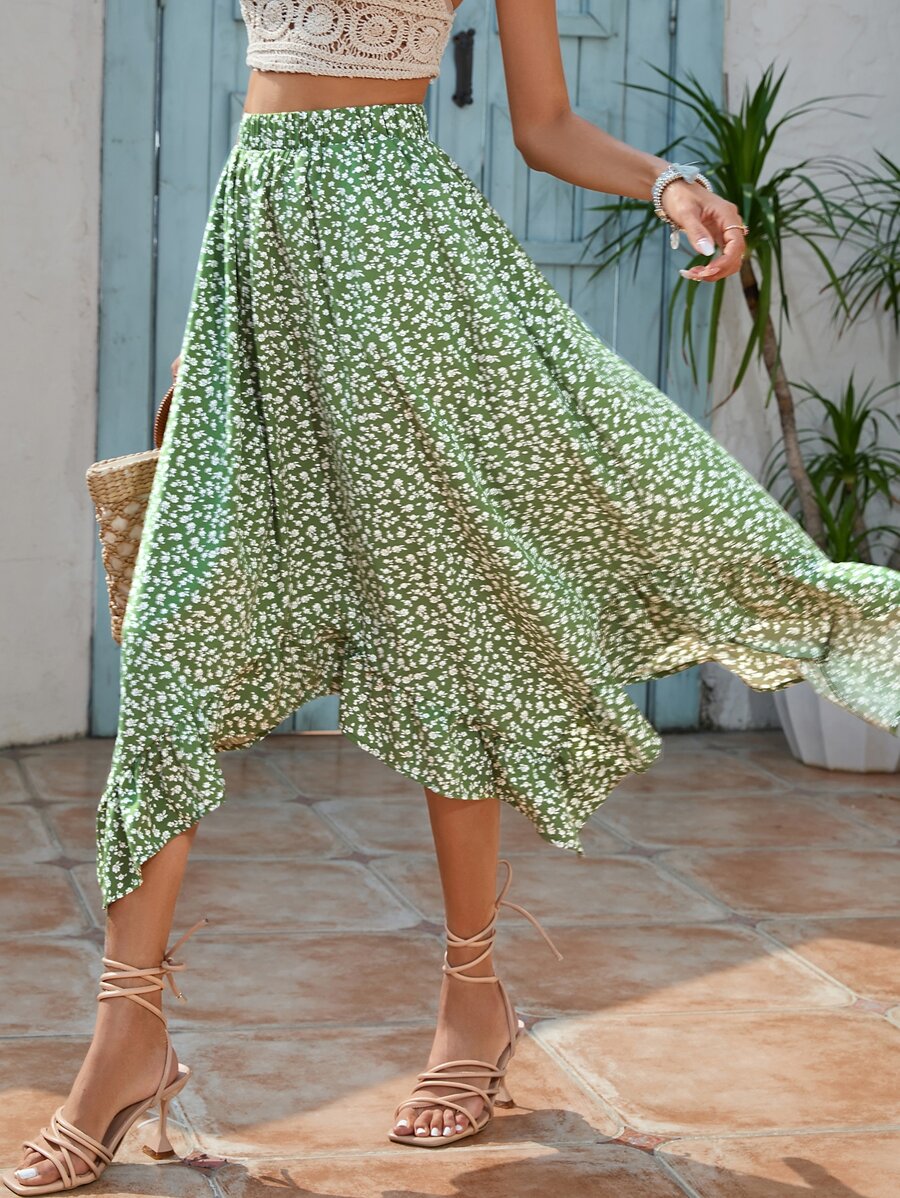 SHEIN Clasi Falda con estampado floral bajo con fruncido - Verde - Ver 1