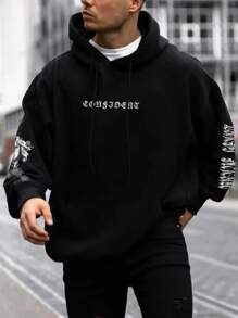 Manfinity Hombres Capucha con estampado de letra con bolsillo de canguro con cordón - Negro - Ver 1