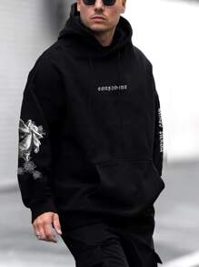 Manfinity Hombres Capucha con estampado de letra con bolsillo de canguro con cordón - Negro - Ver 3