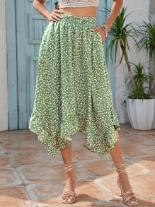 SHEIN Clasi Falda con estampado floral bajo con fruncido - Verde - Ver 5