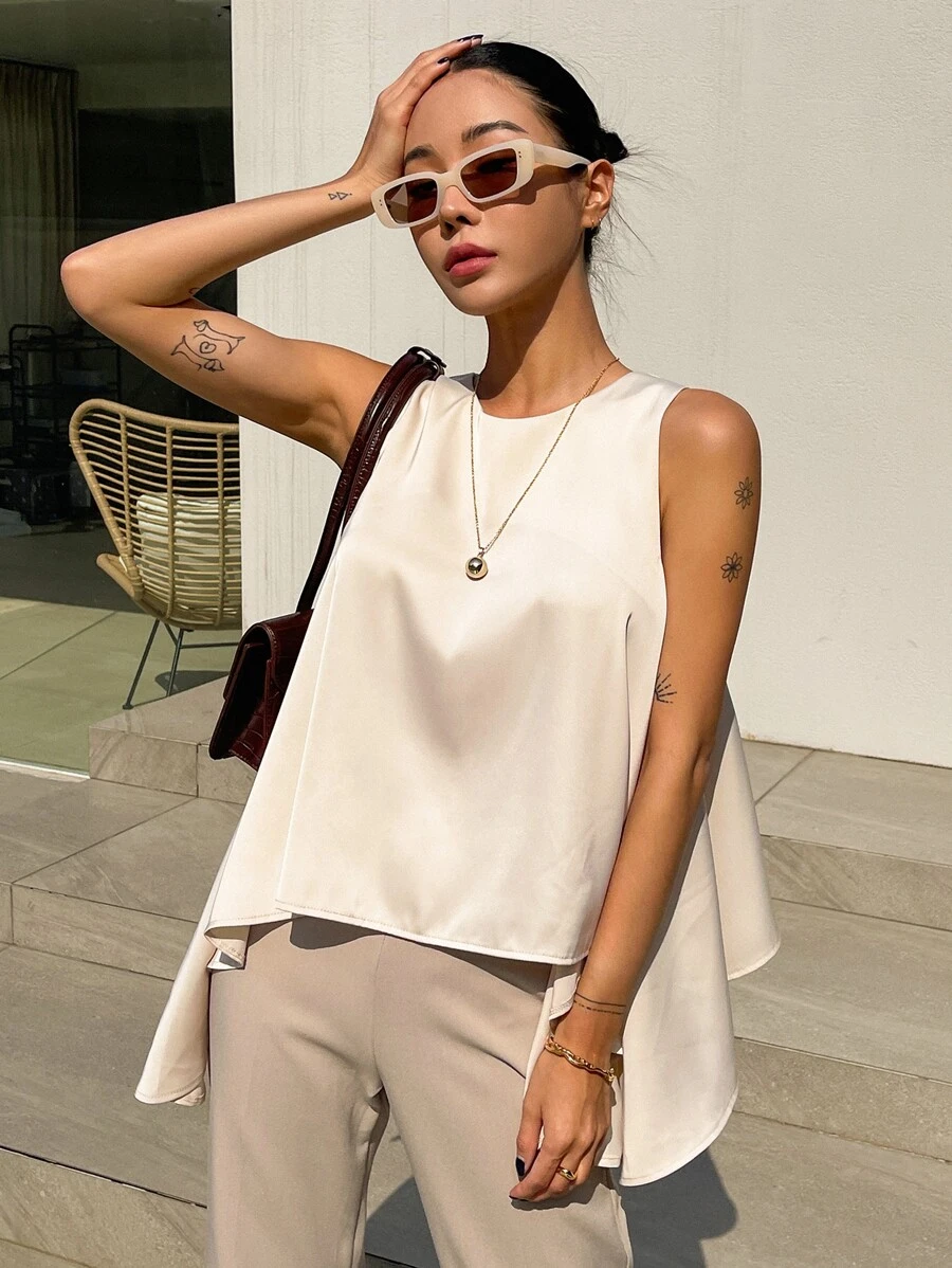 DAZY Chất rắn Viền không đối xứng Áo ba lỗ - Màu be - Xem 1