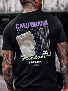 Manfinity Hombres Camiseta con estampado de slogan y figura - Negro - Ver 1