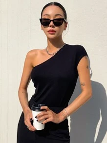 DAZY 单肩罗纹针织T恤 外出上衣 女款 - 黑色 - 查看 8