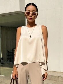 DAZY Chất rắn Viền không đối xứng Áo ba lỗ - Màu be - Xem 3