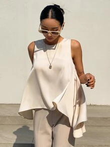 DAZY Chất rắn Viền không đối xứng Áo ba lỗ - Màu be - Xem 7