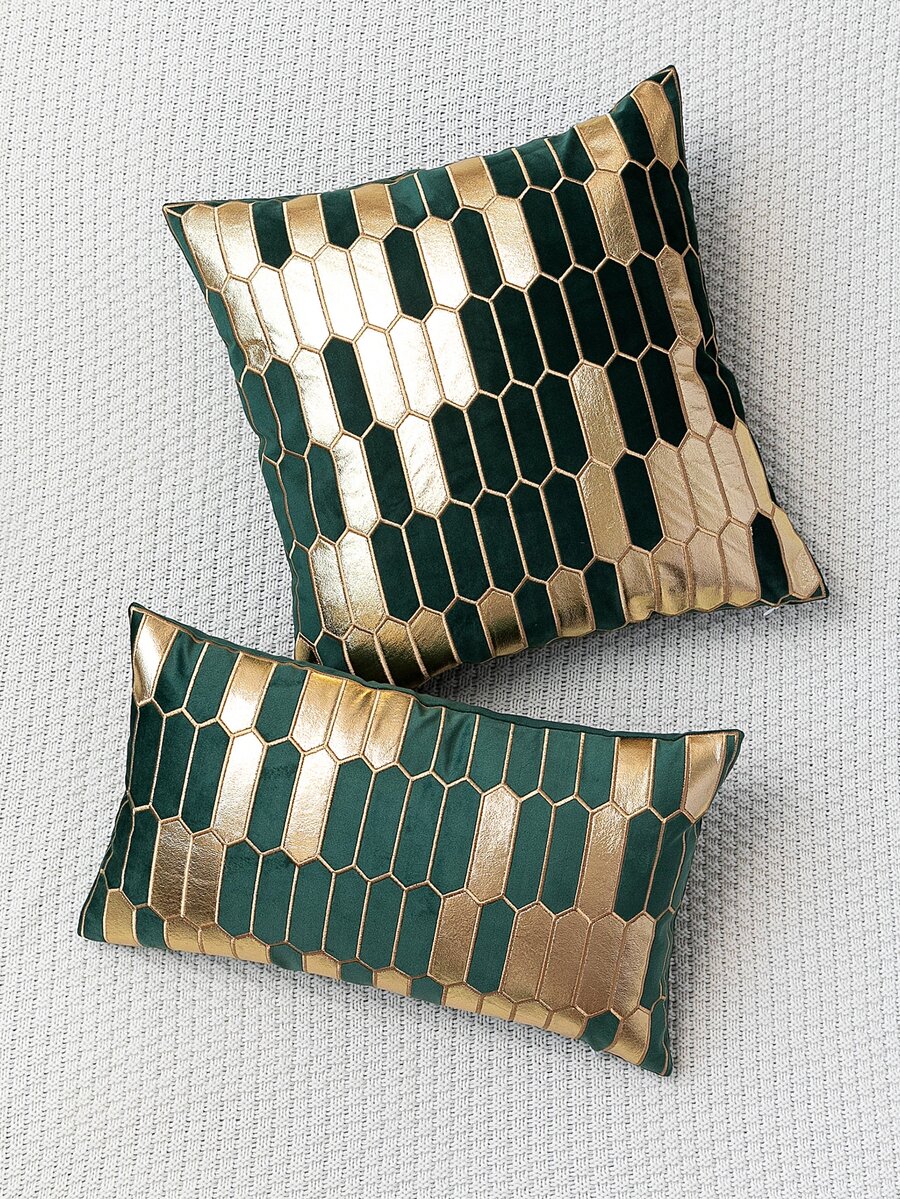 1pc Color-block Holland Velvet Applique Embroidery Pillow Cover (without Filling), No Pillow Core Included - Dark Green - View 1