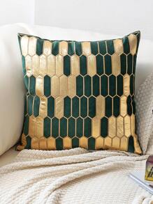 1pc Color-block Holland Velvet Applique Embroidery Pillow Cover (without Filling), No Pillow Core Included - Dark Green - View 3