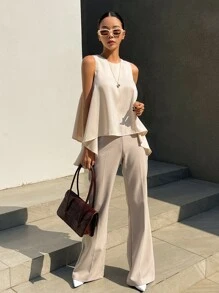 DAZY Chất rắn Viền không đối xứng Áo ba lỗ - Màu be - Xem 8