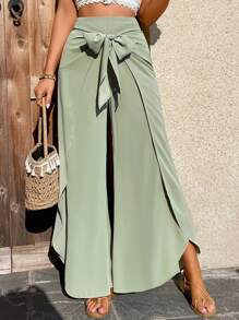 Breezaya Tie Front Wrap Hem Wide Leg Pants - Mint Green - View 1