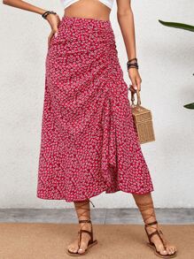 SHEIN VCAY Ditsy Floral Drawstring Ruched Front Asymmetrical Hem Skirt - Red - View 1