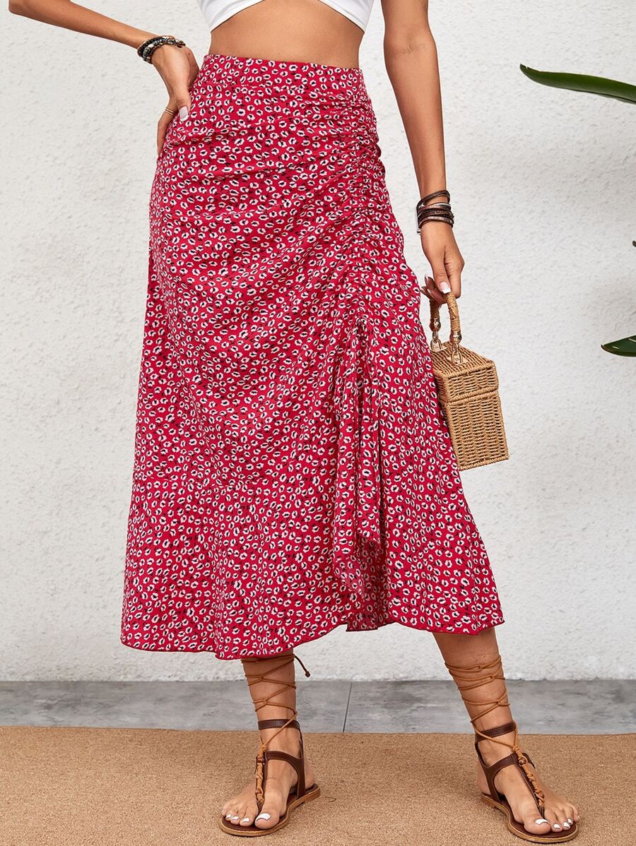 SHEIN VCAY Ditsy Floral Drawstring Ruched Front Asymmetrical Hem Skirt - Red - View 1