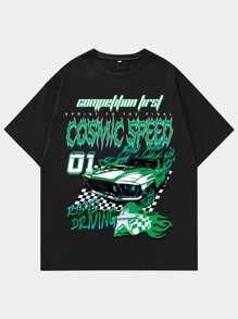 ROMWE MEN Street Life Áo thun nam in hình ô tô Y2k, đi học - màu đen - Xem 1