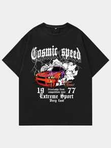 ROMWE MEN Street Life Men Car & Letter Graphic Y2k T-Shirt - Black - View 1