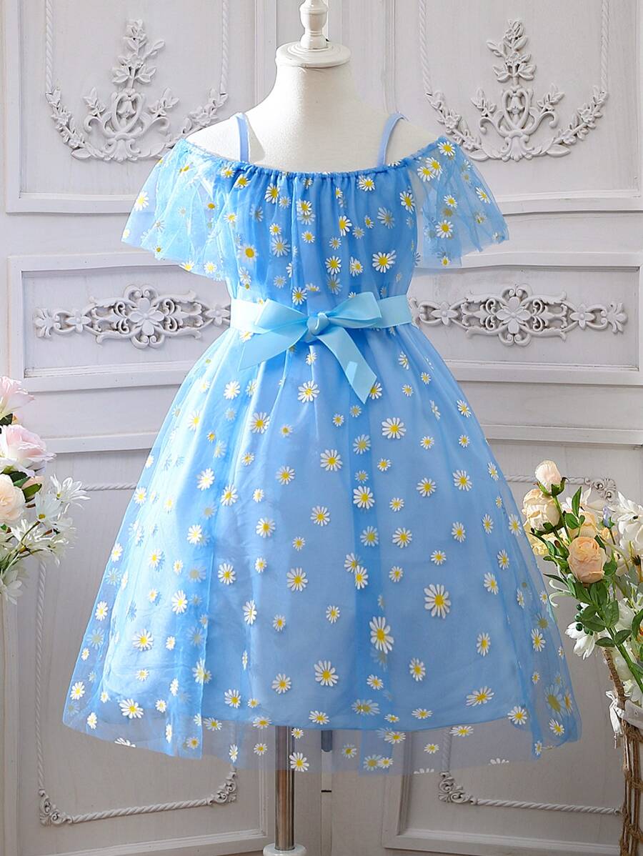 SHEIN 女孩小雛菊挖肩網紗覆蓋連衣裙 - 藍色 - 查看 1