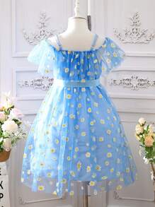 SHEIN 女孩小雛菊挖肩網紗覆蓋連衣裙 - 藍色 - 查看 2