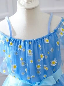 SHEIN 女孩小雛菊挖肩網紗覆蓋連衣裙 - 藍色 - 查看 3