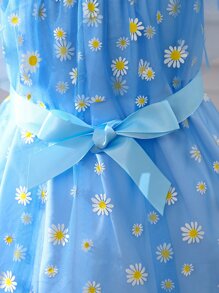 SHEIN 女孩小雛菊挖肩網紗覆蓋連衣裙 - 藍色 - 查看 4
