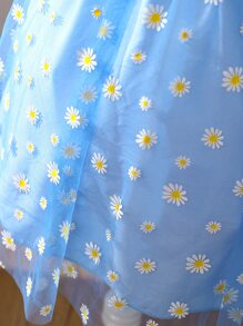 SHEIN 女孩小雛菊挖肩網紗覆蓋連衣裙 - 藍色 - 查看 5