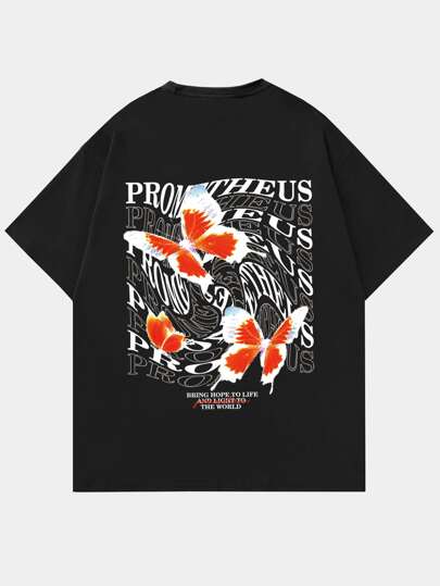 تي شيرت فراشة بطباعة أحرف للشباب