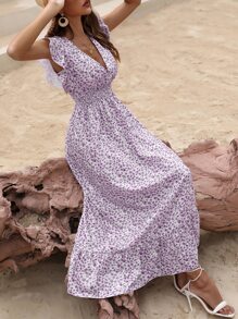 Breezaya Vestido con estampado floral ribete con fruncido - Morado - Ver 5