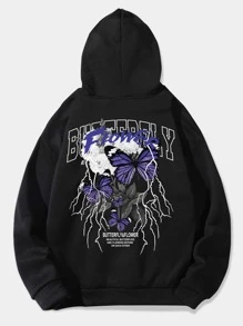 ROMWE MEN Street Life 男士蝴蝶印花束口保暖連帽衫 - 黑色 - 查看 1