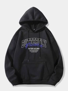 ROMWE MEN Street Life 男士蝴蝶印花束口保暖連帽衫 - 黑色 - 查看 2