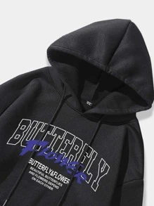 ROMWE MEN Street Life 男士蝴蝶印花束口保暖連帽衫 - 黑色 - 查看 4