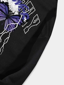 ROMWE MEN Street Life 男士蝴蝶印花束口保暖連帽衫 - 黑色 - 查看 7