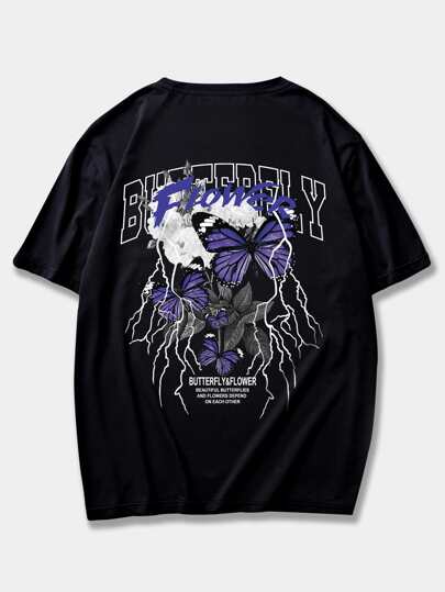 Street Life تي شيرت رجالي برسمة فراشة وحروف Y2k