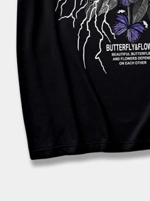 ROMWE MEN Street Life Camiseta de hombre con gráfico de mariposa y letras de estilo Y2k - Negro - Ver 3