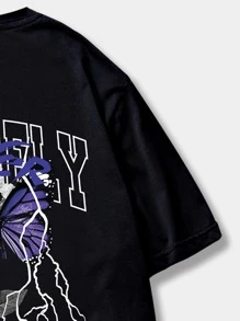 ROMWE MEN Street Life Camiseta de hombre con gráfico de mariposa y letras de estilo Y2k - Negro - Ver 4