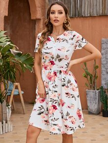 Floral Print Hidden Pocket Dress - White - View 4