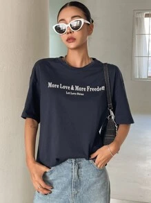 DAZY Slogan Graphic Drop Shoulder Tee - Navy Blue - View 3