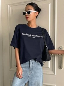 DAZY Slogan Graphic Drop Shoulder Tee - Navy Blue - View 4