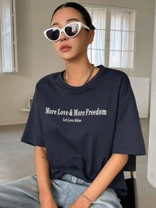 DAZY Slogan Graphic Drop Shoulder Tee - Navy Blue - View 5