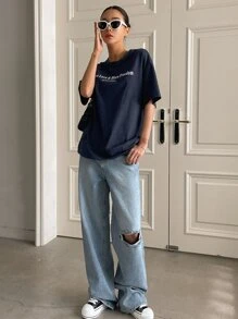 DAZY Slogan Graphic Drop Shoulder Tee - Navy Blue - View 6