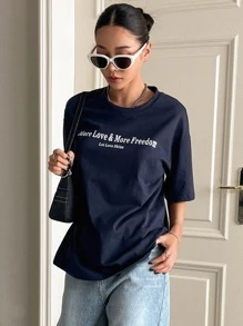 DAZY Slogan Graphic Drop Shoulder Tee - Navy Blue - View 7