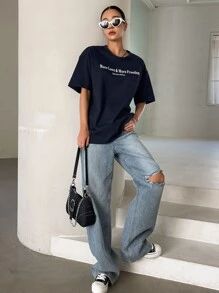 DAZY Slogan Graphic Drop Shoulder Tee - Navy Blue - View 8