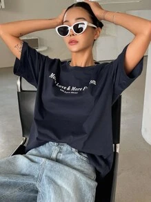 DAZY Slogan Graphic Drop Shoulder Tee - Navy Blue - View 9