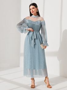 Modelyn 1 pieza Vestido con cinturón de yugo de malla ribete con fruncido - Celeste - Ver 1