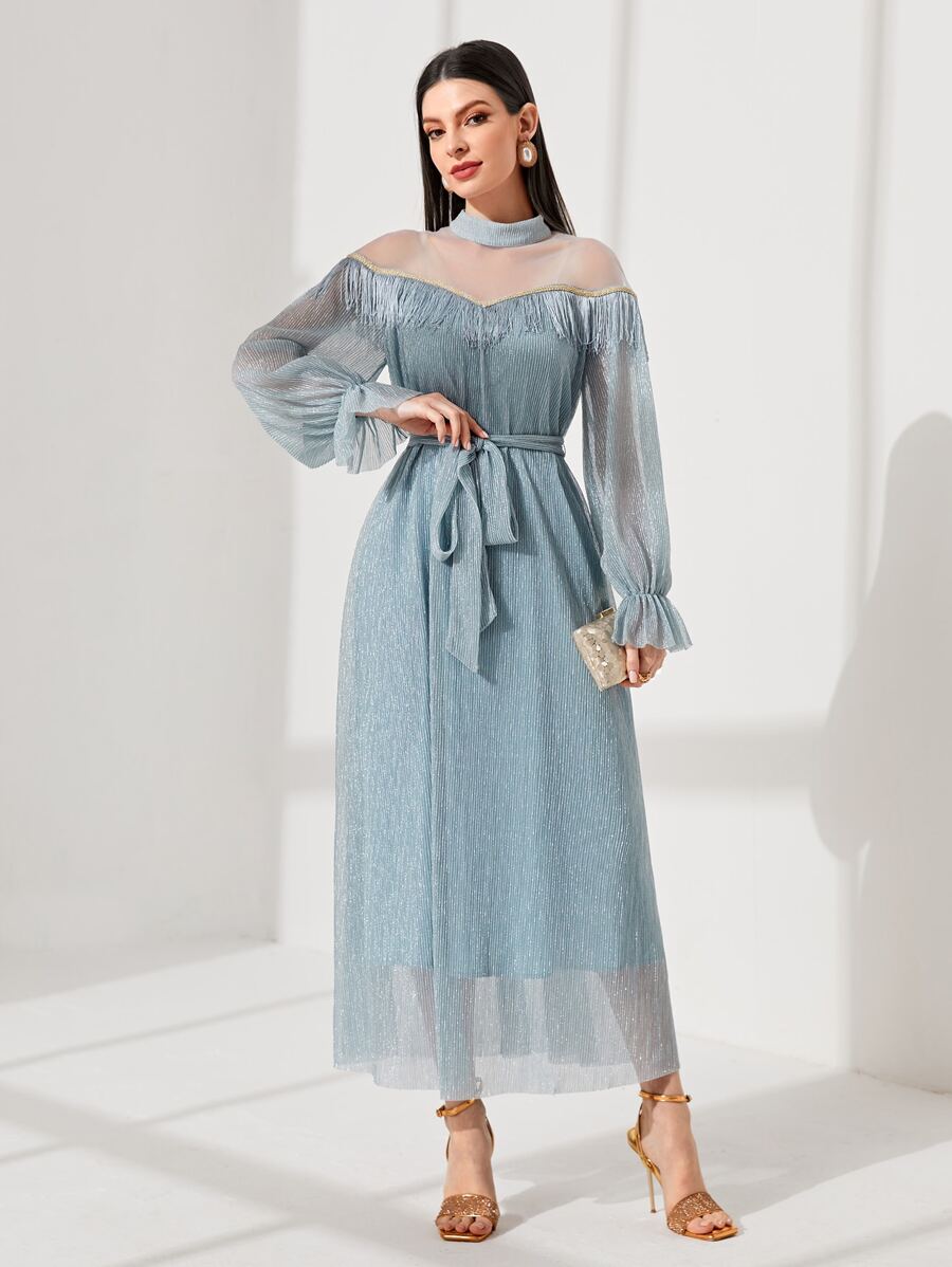 Modelyn 1 pieza Vestido con cinturón de yugo de malla ribete con fruncido - Celeste - Ver 1