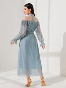 Modelyn 1 pieza Vestido con cinturón de yugo de malla ribete con fruncido - Celeste - Ver 2