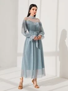 Modelyn 1 pieza Vestido con cinturón de yugo de malla ribete con fruncido - Celeste - Ver 3