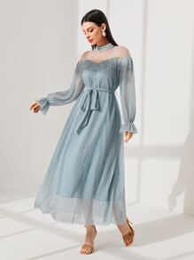 Modelyn 1 pieza Vestido con cinturón de yugo de malla ribete con fruncido - Celeste - Ver 6