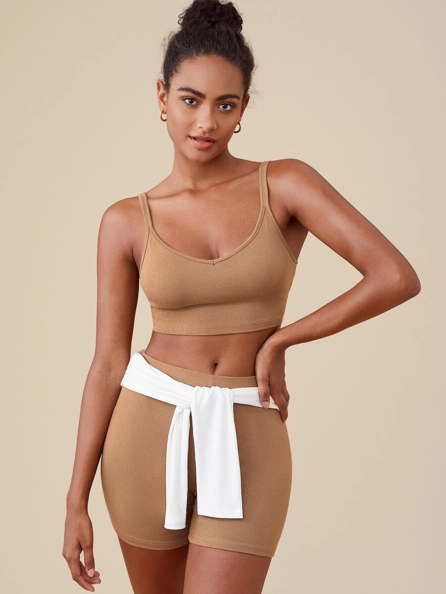 SHEIN BASICS Cotton Solid Crop Cami Top & Cycling Shorts - Khaki - View 1