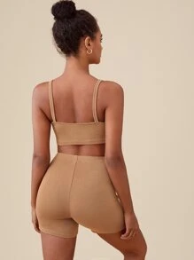 SHEIN BASICS Cotton Solid Crop Cami Top & Cycling Shorts - Khaki - View 2