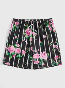 ROMWE MEN Guys Striped Floral Print Shorts - Multicolor - View 1