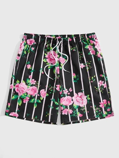 ROMWE MEN Guys Striped Floral Print Shorts